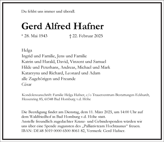 Traueranzeige von Gerd Alfred Hafner von Frankfurter Allgemeine Zeitung