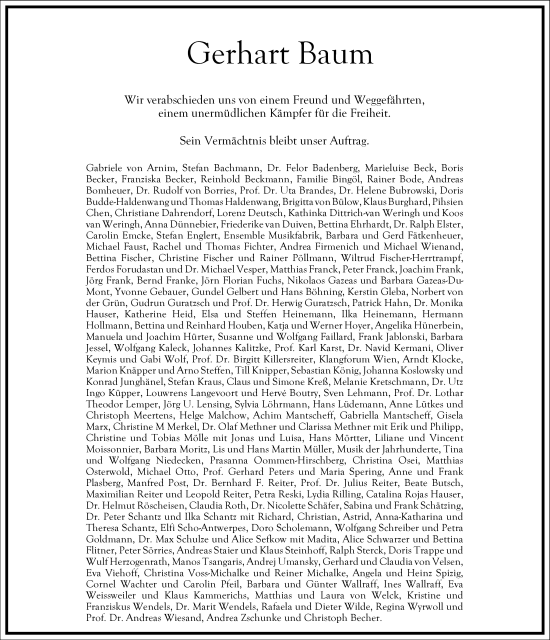 Traueranzeige von Gerhart Baum von Frankfurter Allgemeine Zeitung