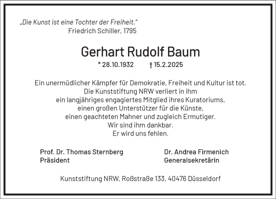 Traueranzeige von Gerhart Rudolf Baum von Frankfurter Allgemeine Zeitung