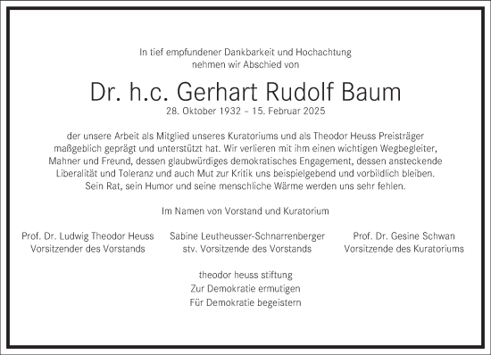 Traueranzeige von Gerhart Rudolf Baum von Frankfurter Allgemeine Zeitung