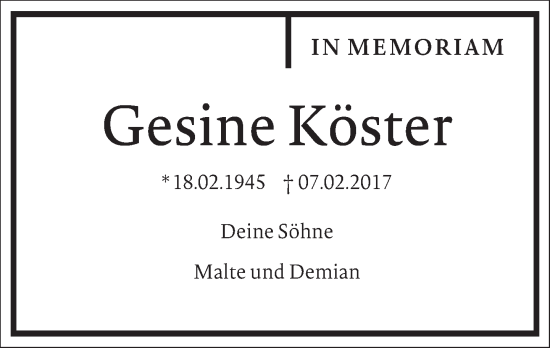 Traueranzeige von Gesine Köster von Frankfurter Allgemeine Zeitung