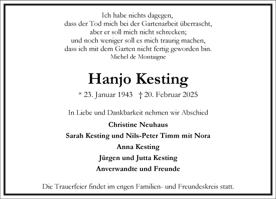 Traueranzeige von Hanjo Kesting von Frankfurter Allgemeine Zeitung