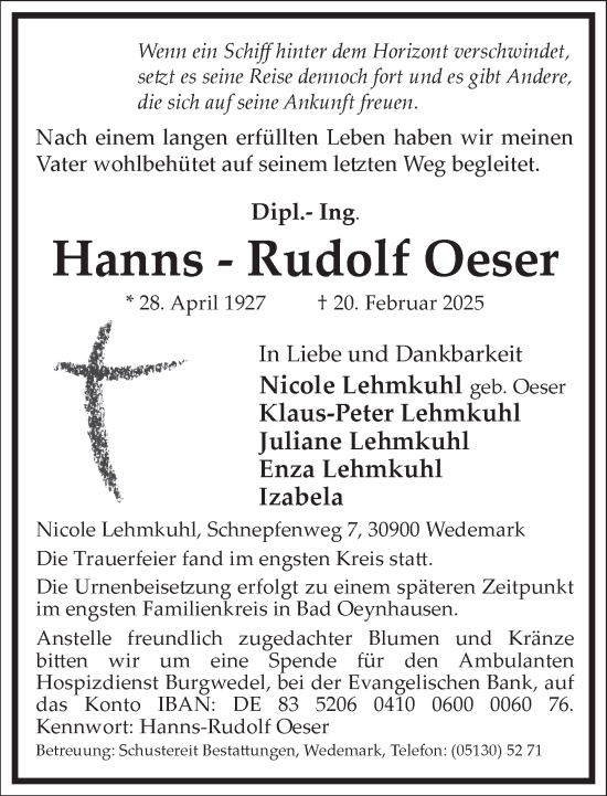 Traueranzeige von Hanns-Rudolf Oeser von Frankfurter Allgemeine Zeitung