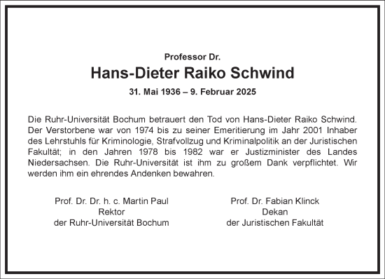 Traueranzeige von Hans-Dieter Raiko Schwind von Frankfurter Allgemeine Zeitung