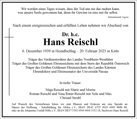 Traueranzeige von Hans Reischl von Frankfurter Allgemeine Zeitung