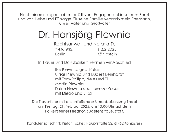 Traueranzeige von Hansjörg Plewnia von Frankfurter Allgemeine Zeitung