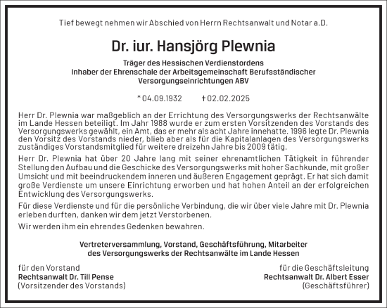 Traueranzeige von Hansjörg Plewnia von Frankfurter Allgemeine Zeitung