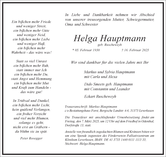 Traueranzeige von Helga Hauptmann von Frankfurter Allgemeine Zeitung