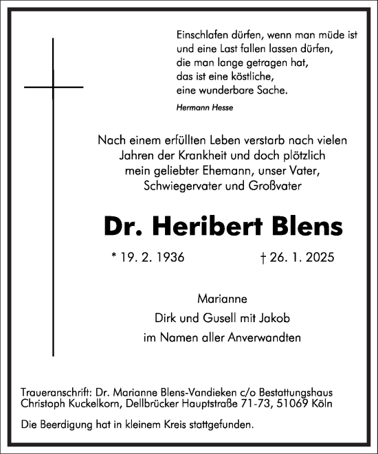 Traueranzeige von Heribert Blens von Frankfurter Allgemeine Zeitung