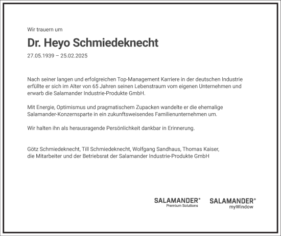 Traueranzeige von Heyo Schmiedeknecht von Frankfurter Allgemeine Zeitung