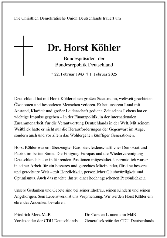 Traueranzeige von Horst Köhler von Frankfurter Allgemeine Zeitung