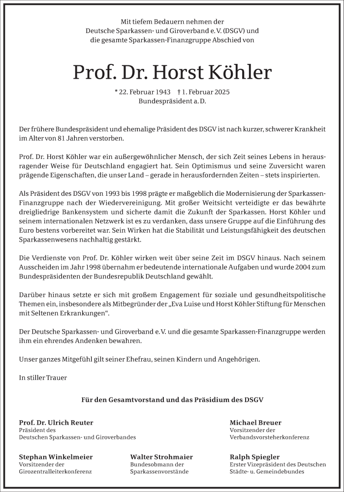  Traueranzeige für Horst Köhler vom 08.02.2025 aus Frankfurter Allgemeine Zeitung