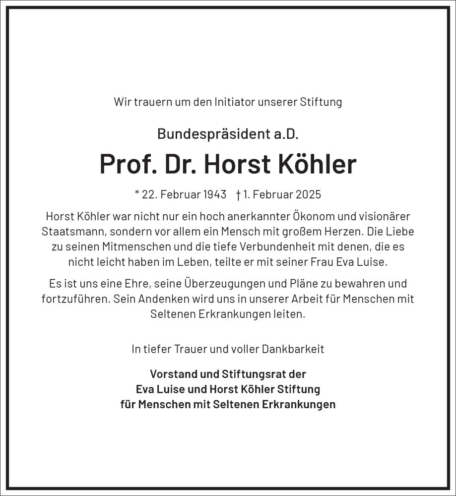  Traueranzeige für Horst Köhler vom 08.02.2025 aus Frankfurter Allgemeine Zeitung