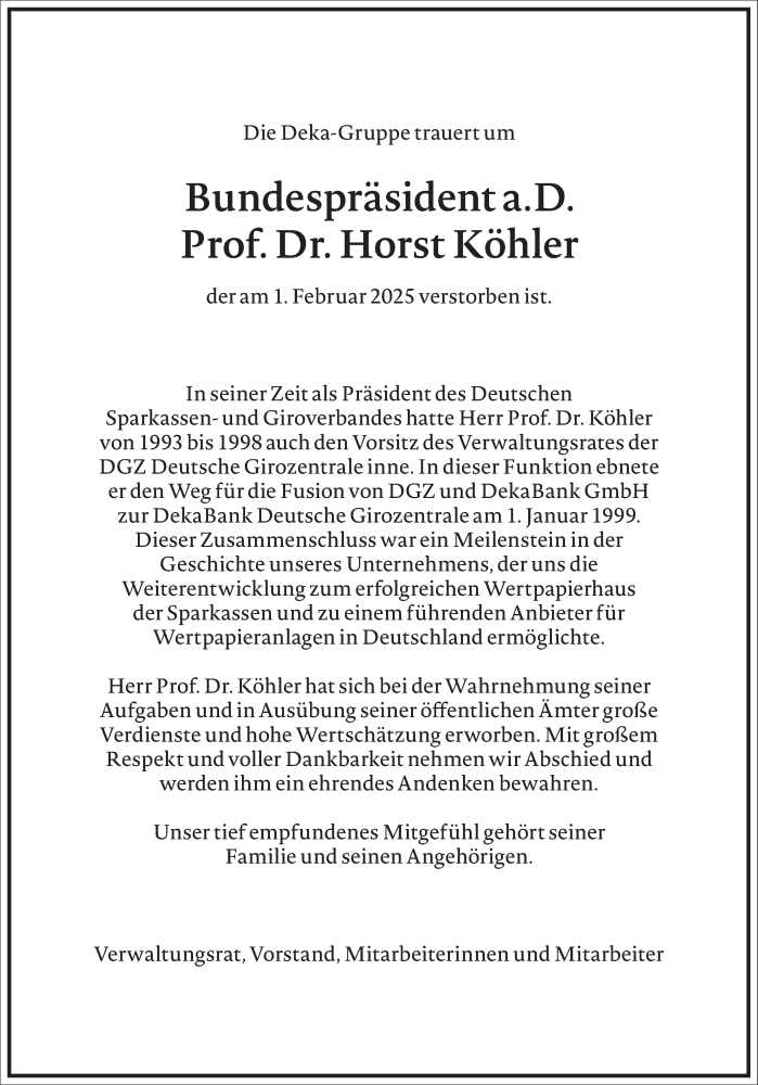  Traueranzeige für Horst Köhler vom 08.02.2025 aus Frankfurter Allgemeine Zeitung