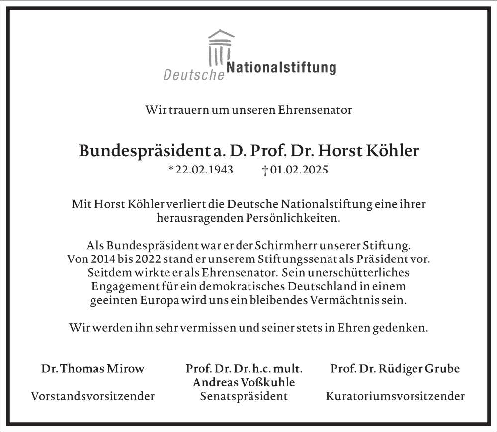  Traueranzeige für Horst Köhler vom 08.02.2025 aus Frankfurter Allgemeine Zeitung