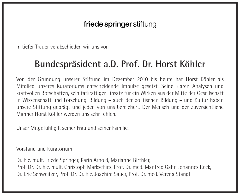  Traueranzeige für Horst Köhler vom 08.02.2025 aus Frankfurter Allgemeine Zeitung