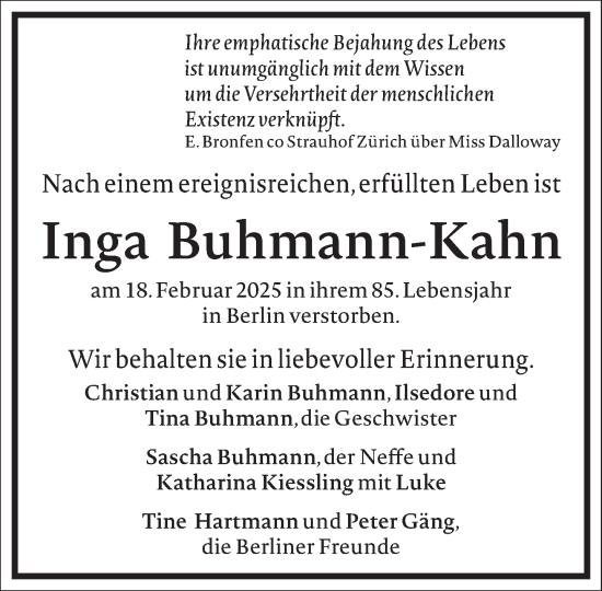 Traueranzeige von Inga Buhmann-Kahn von Frankfurter Allgemeine Zeitung