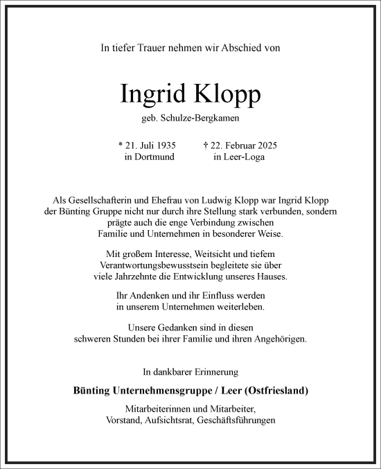 Traueranzeige von Ingrid Klopp von Frankfurter Allgemeine Zeitung