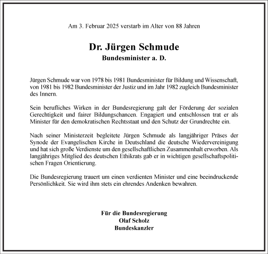 Traueranzeige von Jürgen Schmude von Frankfurter Allgemeine Zeitung