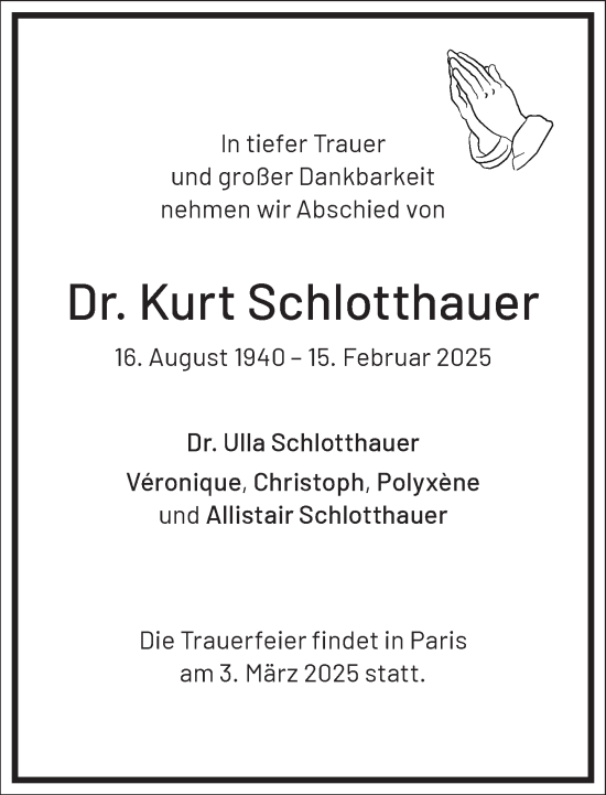 Traueranzeige von Kurt Schlotthauer von Frankfurter Allgemeine Zeitung