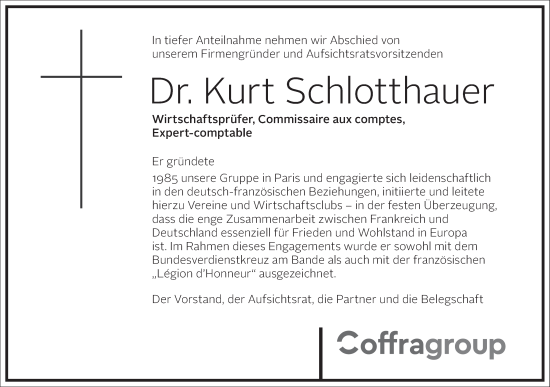 Traueranzeige von Kurt Schlotthauer von Frankfurter Allgemeine Zeitung