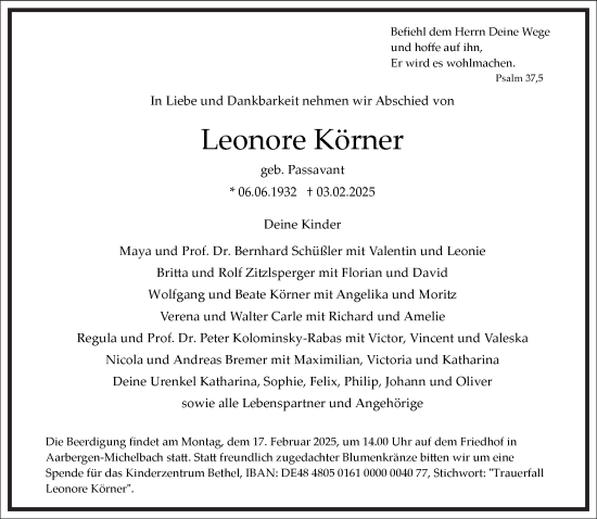 Traueranzeige von Leonore Körner von Frankfurter Allgemeine Zeitung