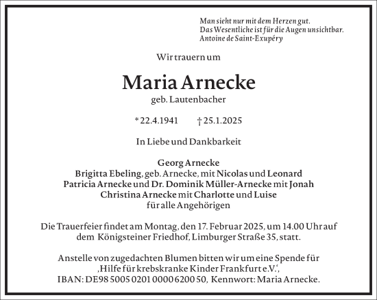 Traueranzeige von Maria Arnecke von Frankfurter Allgemeine Zeitung