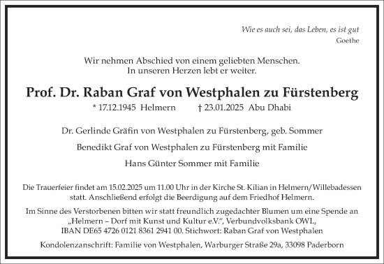 Traueranzeige von Raban Graf von Westphalen zu Fürstenberg von Frankfurter Allgemeine Zeitung