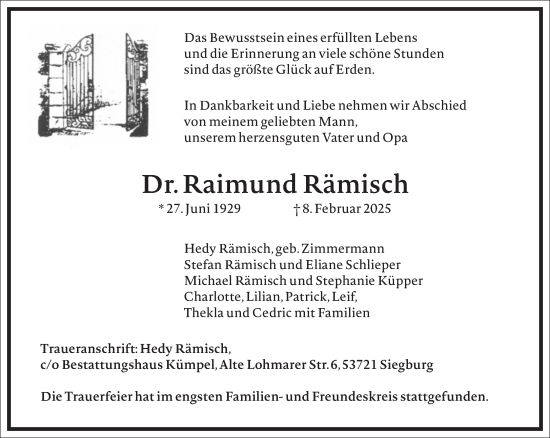 Traueranzeige von Raimund Rämisch von Frankfurter Allgemeine Zeitung