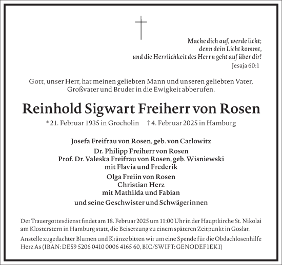 Traueranzeige von Reinhold Sigwart Freiherr von Rosen von Frankfurter Allgemeine Zeitung