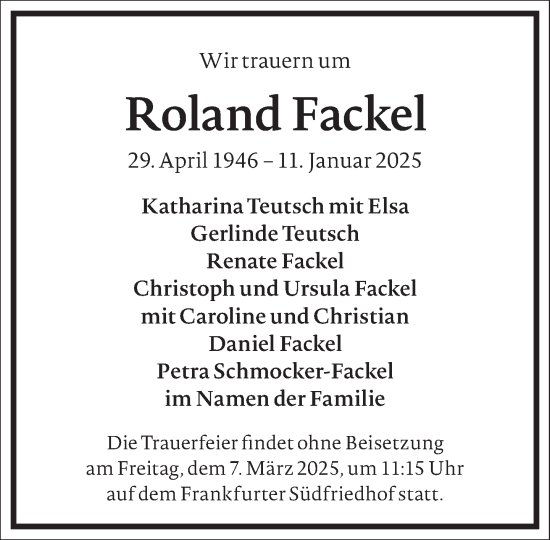 Traueranzeige von Roland Fackel von Frankfurter Allgemeine Zeitung