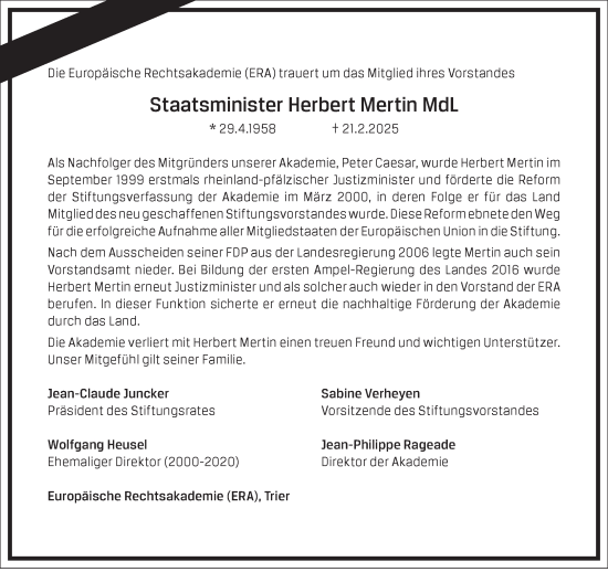 Traueranzeige von Staatsminister Herbert Mertin von Frankfurter Allgemeine Zeitung