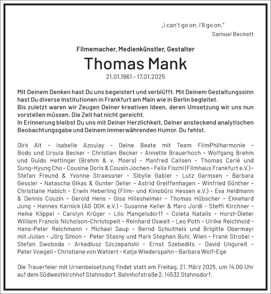 Traueranzeige von Thomas Mank von Frankfurter Allgemeine Zeitung