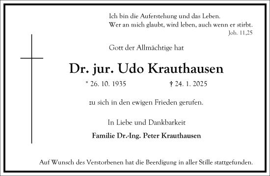 Traueranzeige von Udo Krauthausen von Frankfurter Allgemeine Zeitung