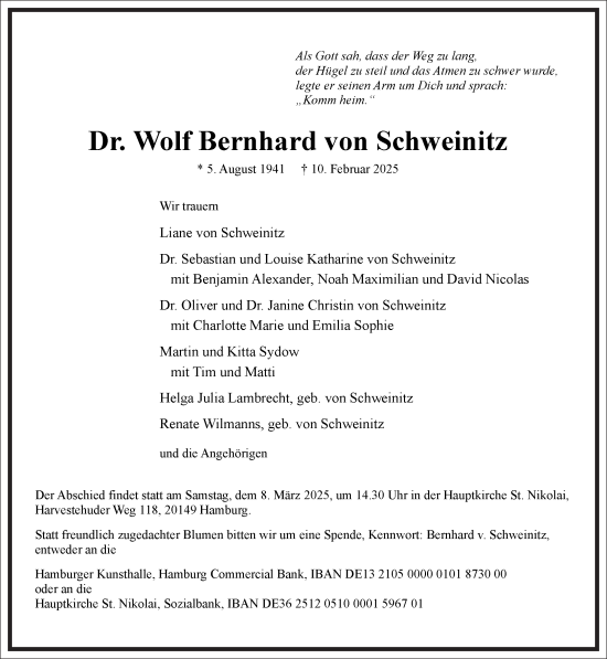 Traueranzeige von Wolf Bernhard von Schweinitz von Frankfurter Allgemeine Zeitung