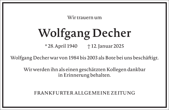 Traueranzeige von Wolfgang Decher von Frankfurter Allgemeine Zeitung