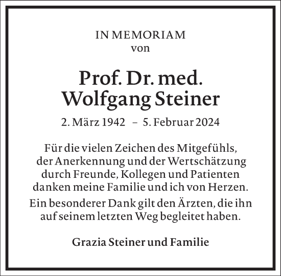 Traueranzeige von Wolfgang Steiner von Frankfurter Allgemeine Zeitung