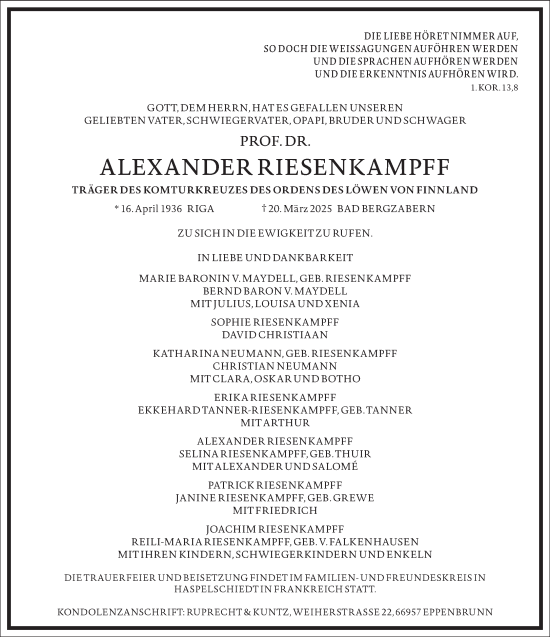 Traueranzeige von Alexander Riesenkampff von Frankfurter Allgemeine Zeitung