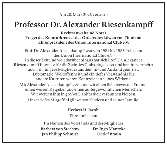 Traueranzeige von Alexander Riesenkampff von Frankfurter Allgemeine Zeitung