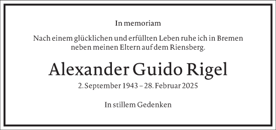 Traueranzeige von Alexander Guido Rigel von Frankfurter Allgemeine Zeitung