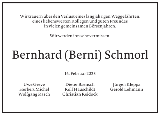 Traueranzeige von Bernhard Schmorl von Frankfurter Allgemeine Zeitung