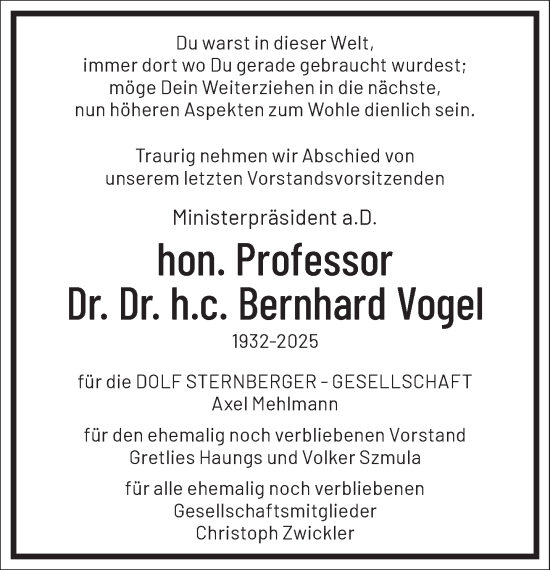 Traueranzeige von Bernhard Vogel von Frankfurter Allgemeine Zeitung