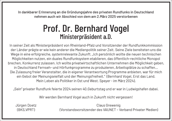 Traueranzeige von Bernhard Vogel von Frankfurter Allgemeine Zeitung