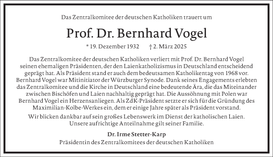 Traueranzeige von Bernhard Vogel von Frankfurter Allgemeine Zeitung
