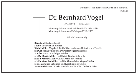 Traueranzeige von Bernhard Vogel von Frankfurter Allgemeine Zeitung