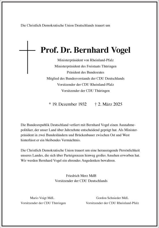 Traueranzeige von Bernhard Vogel von Frankfurter Allgemeine Zeitung