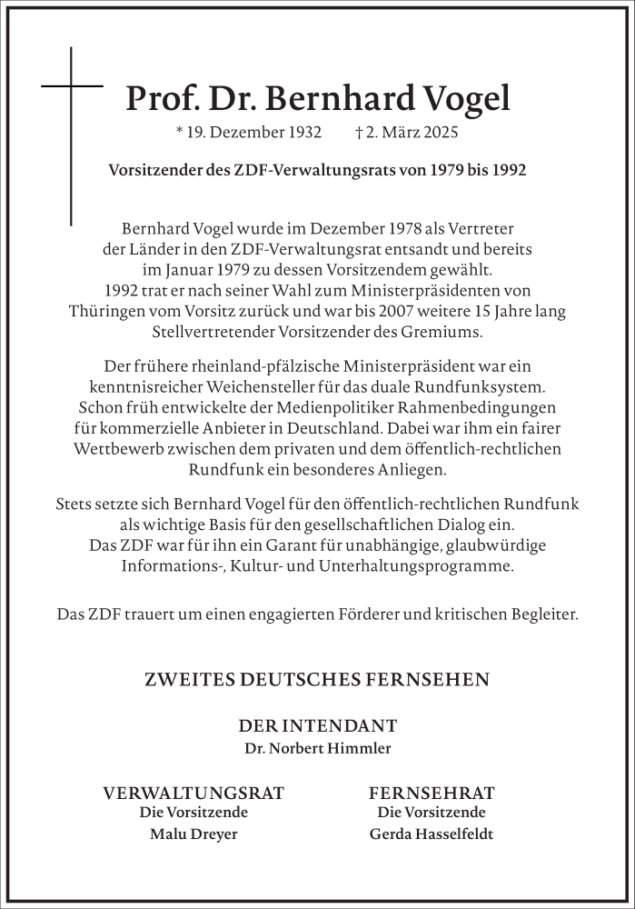  Traueranzeige für Bernhard Vogel vom 08.03.2025 aus Frankfurter Allgemeine Zeitung