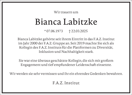 Traueranzeige von Bianca Labitzke von Frankfurter Allgemeine Zeitung