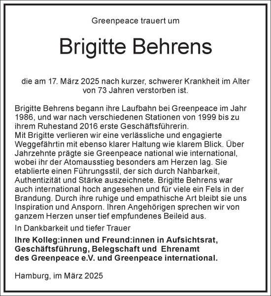 Traueranzeige von Brigitte Behrens von Frankfurter Allgemeine Zeitung
