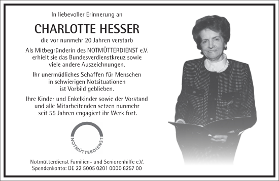 Traueranzeige von Charlotte Hesser von Frankfurter Allgemeine Zeitung